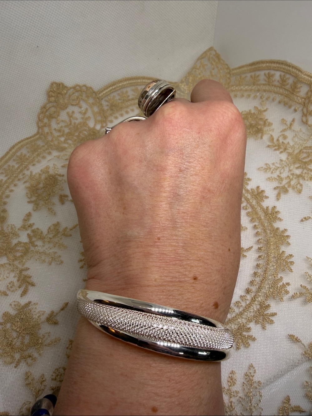 925 Sterling Silver Triple Band Open Cuff Bangle | Textured Mesh Quiet Luxury